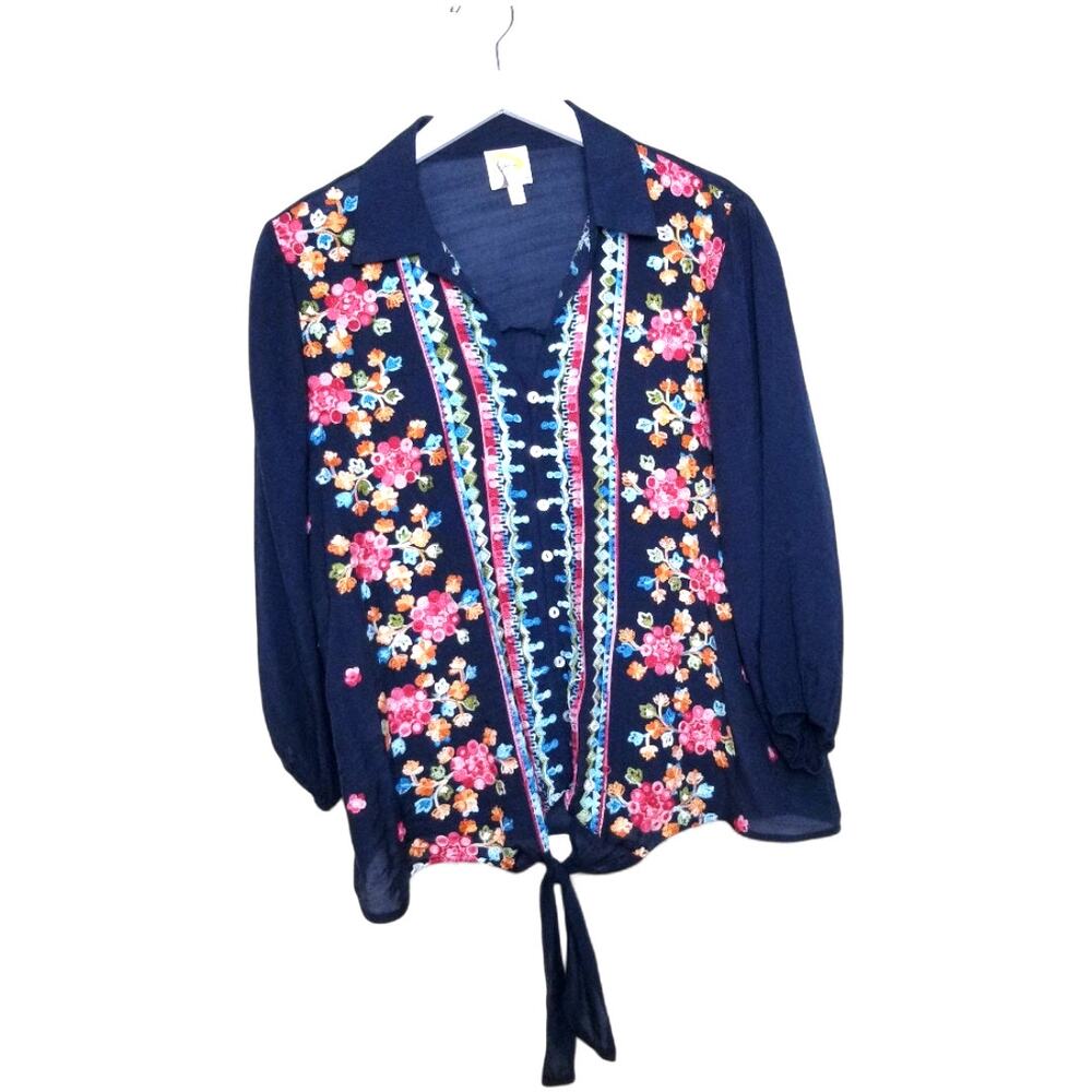 FIG & FLOWER Anthropologie Embroidered Navy Blue Tie-Front Top - Medium - Picture 1 of 8